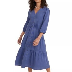 NWT Marine Layer Willow Cotton Button Front Midi Dress in Blue | Size Large